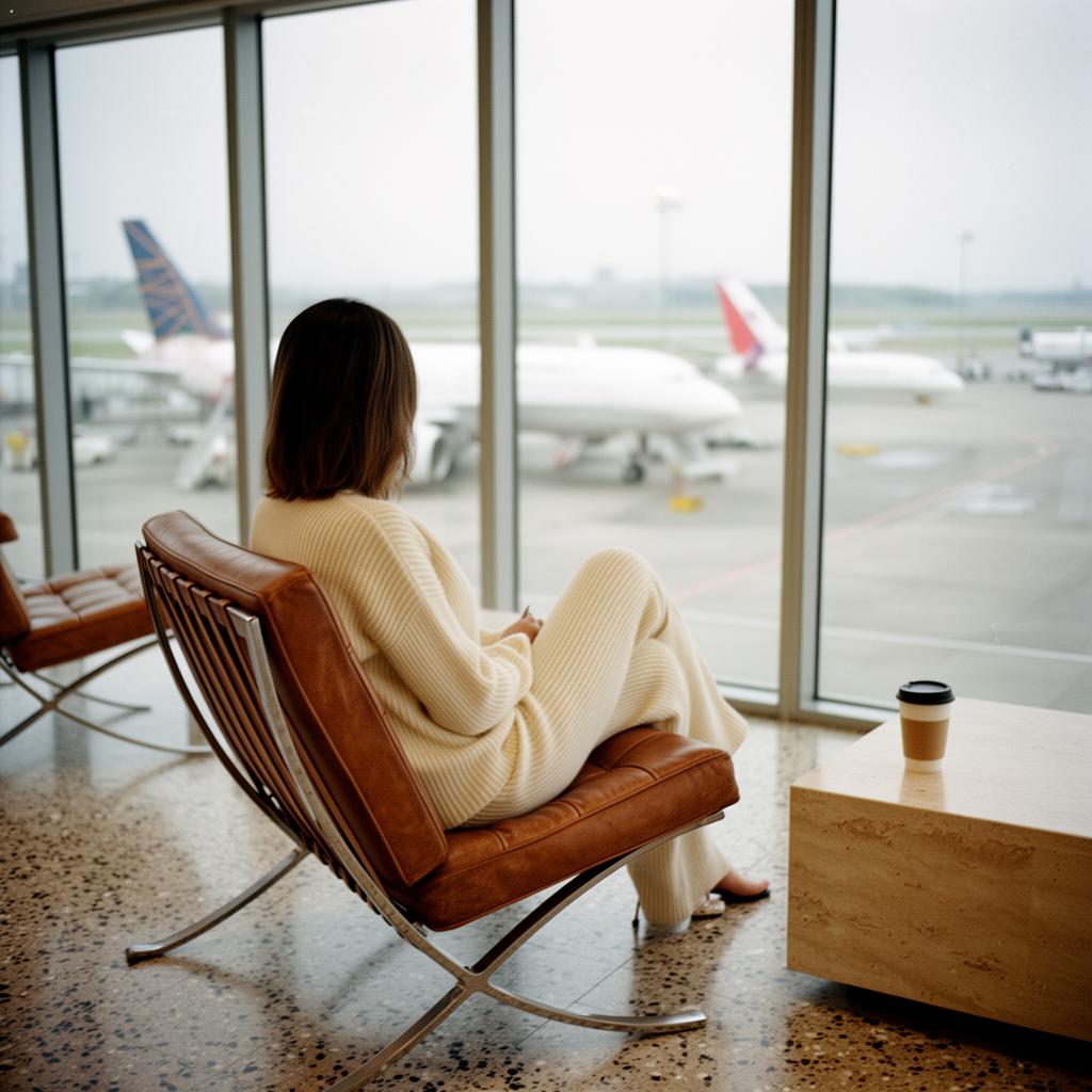 Woman in cream ribbed knit loungewear seated in an airport lounge with planes visible through floor-to-ceiling windows